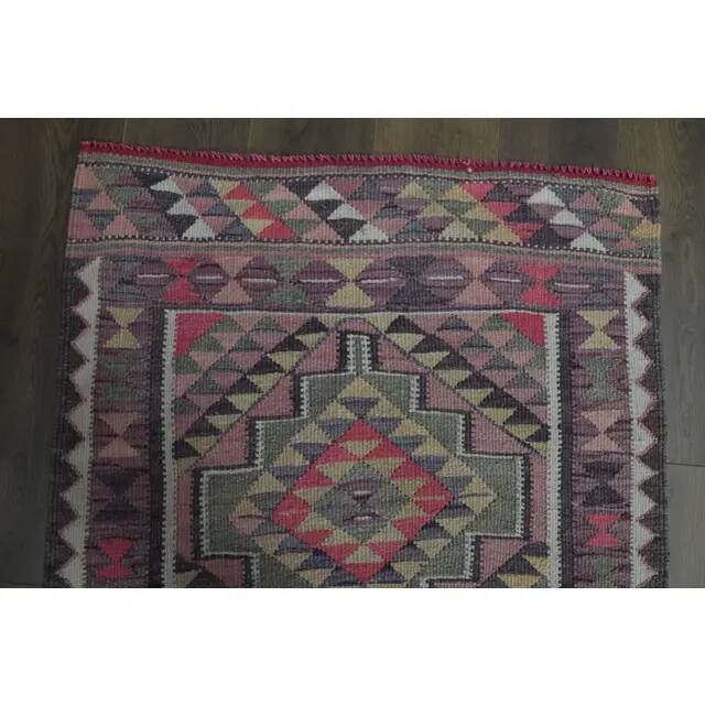 1970s Vintage Turkish Oushak Handmade Wool Cotton Pink Runner Rug 87x333