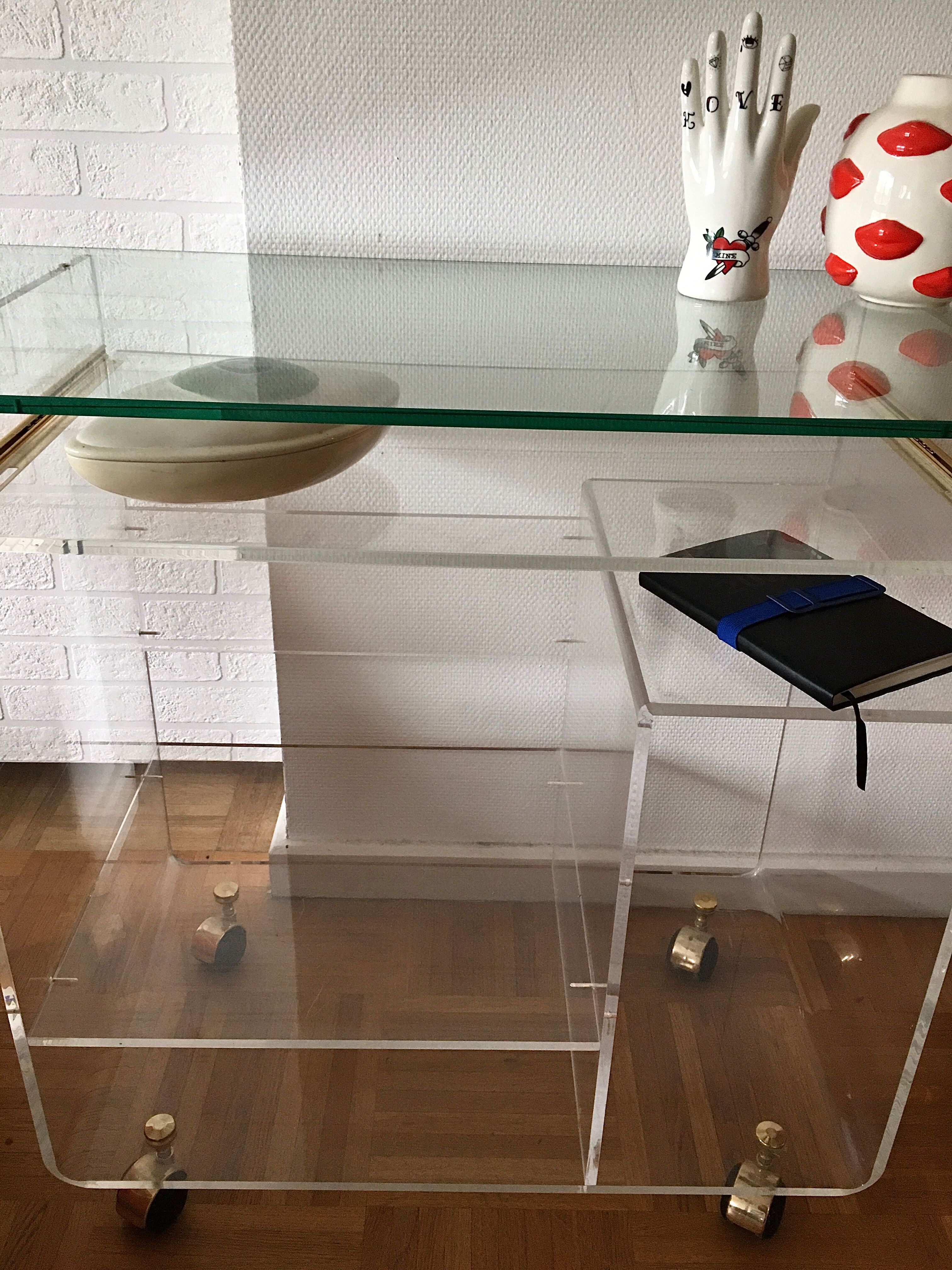 Plexiglas desk and vintage glass