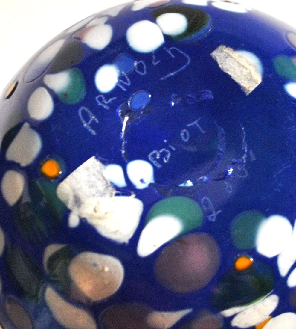 Vintage biot vase in double blown blue glass, coloured dot, design 2000 signed "arnold biot"