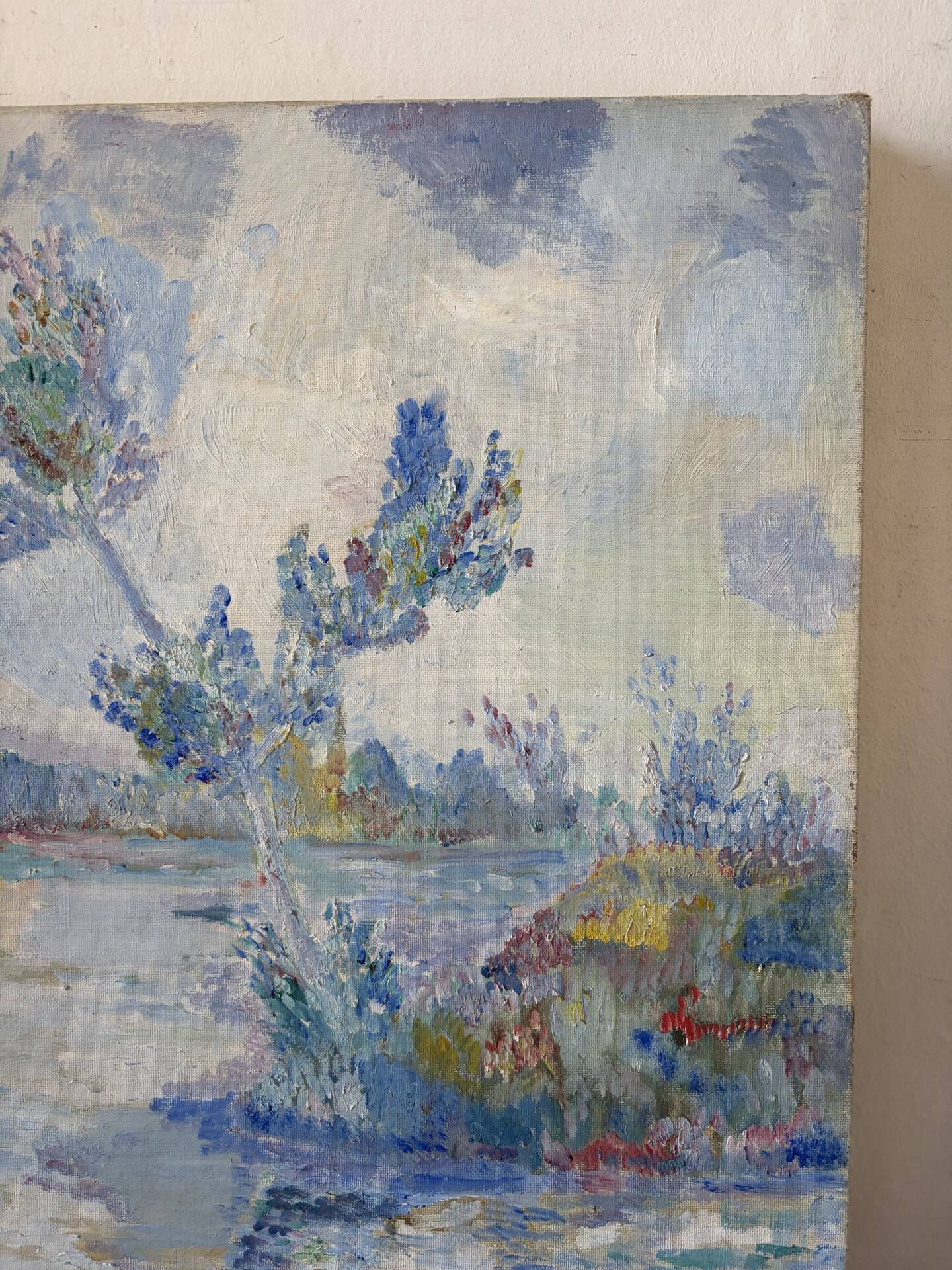 Blue landscape, riverbank, oil on canvas signed 1970
