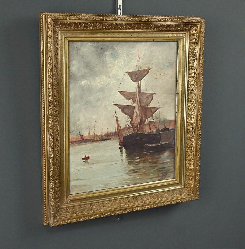 Tableau « Voilier sur mer calme », huile sur toile – fin XIXe