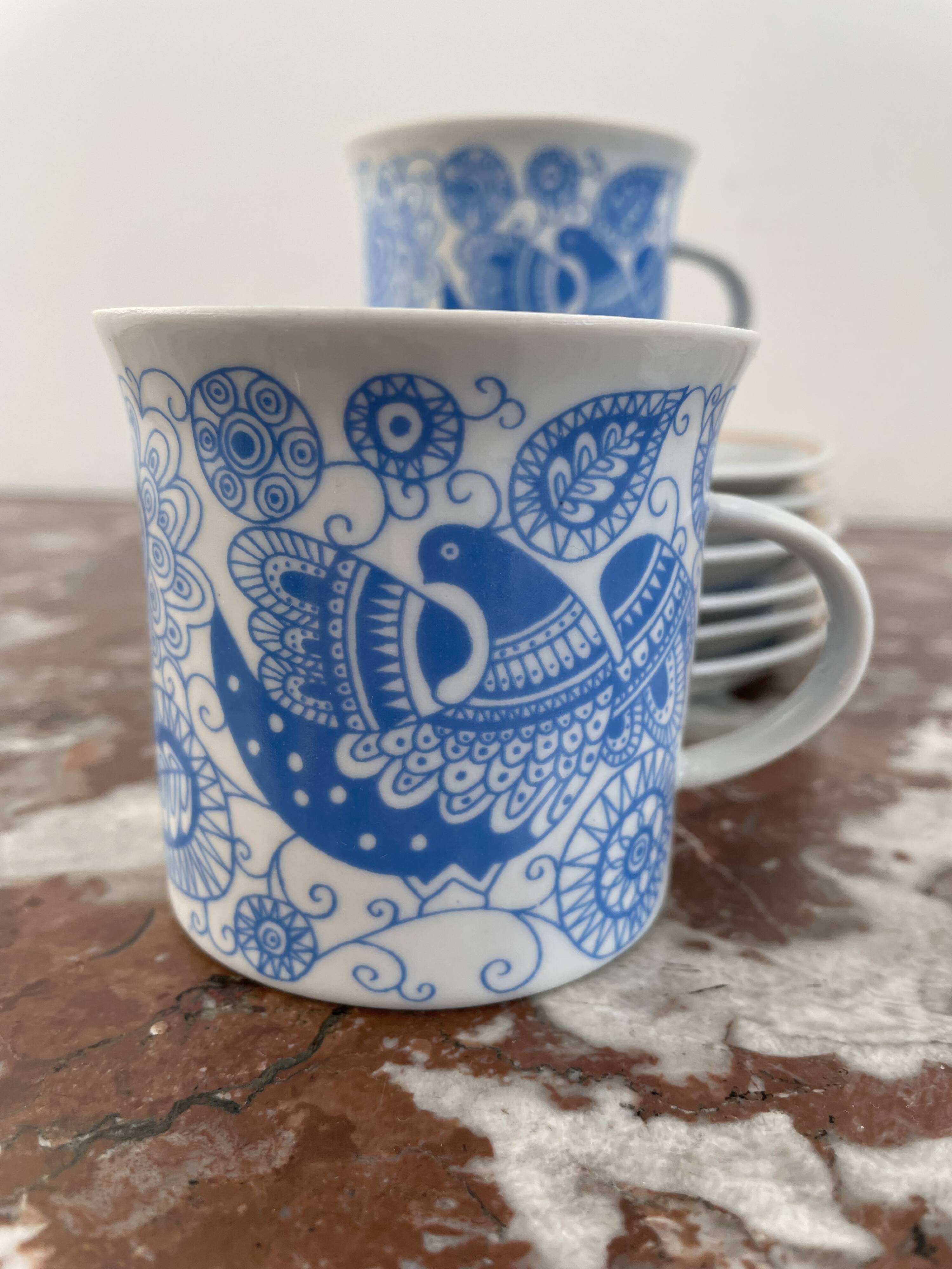 Coffee and tea set, vintage, stylized bird decor, retro, design, blue