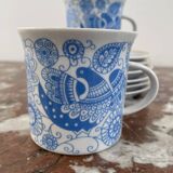 Coffee and tea set, vintage, stylized bird decor, retro, design, blue