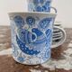 Coffee and tea set, vintage, stylized bird decor, retro, design, blue