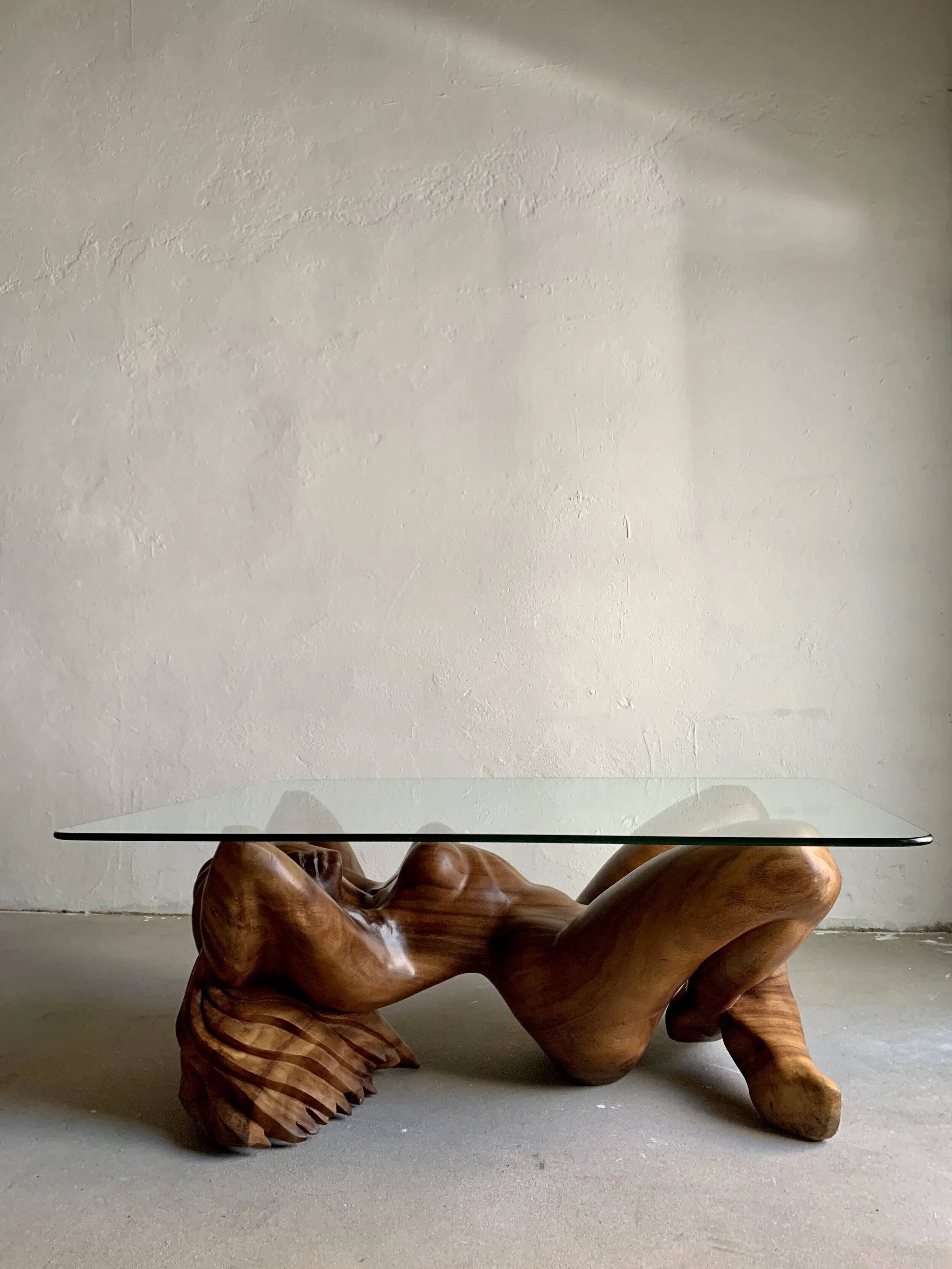 Vintage hand-carved wooden female nude sculpture coffee table