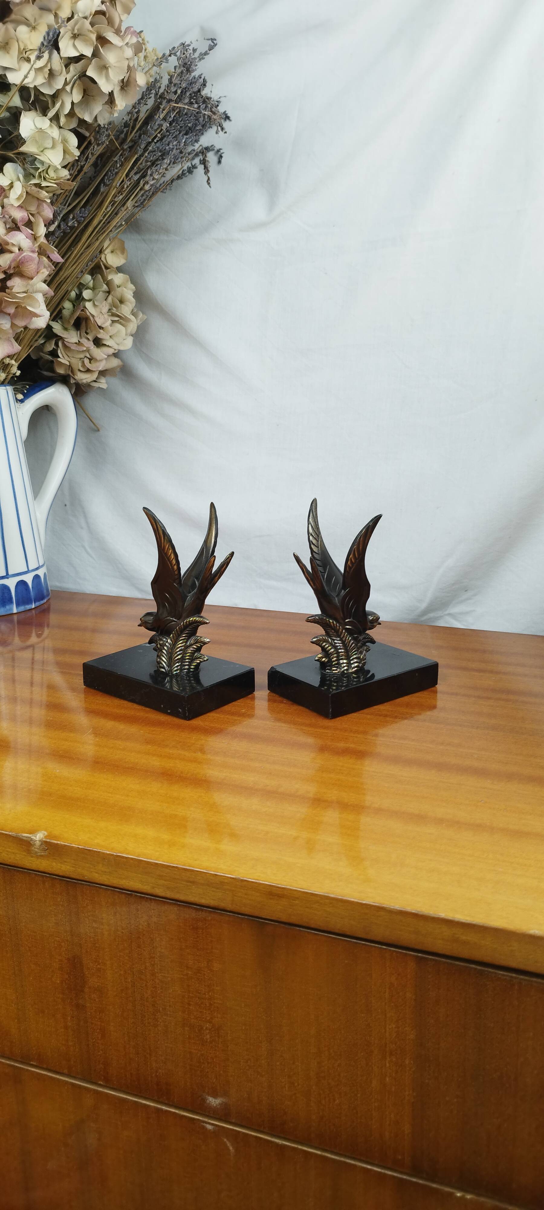 Pair of Art Deco Bookends of Swallows in Flight, Marble & Spelter