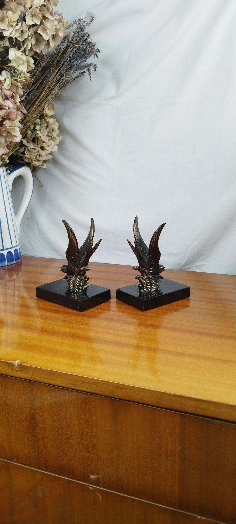 Pair of Art Deco Bookends of Swallows in Flight, Marble & Spelter