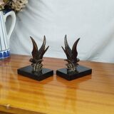 Pair of Art Deco Bookends of Swallows in Flight, Marble & Spelter