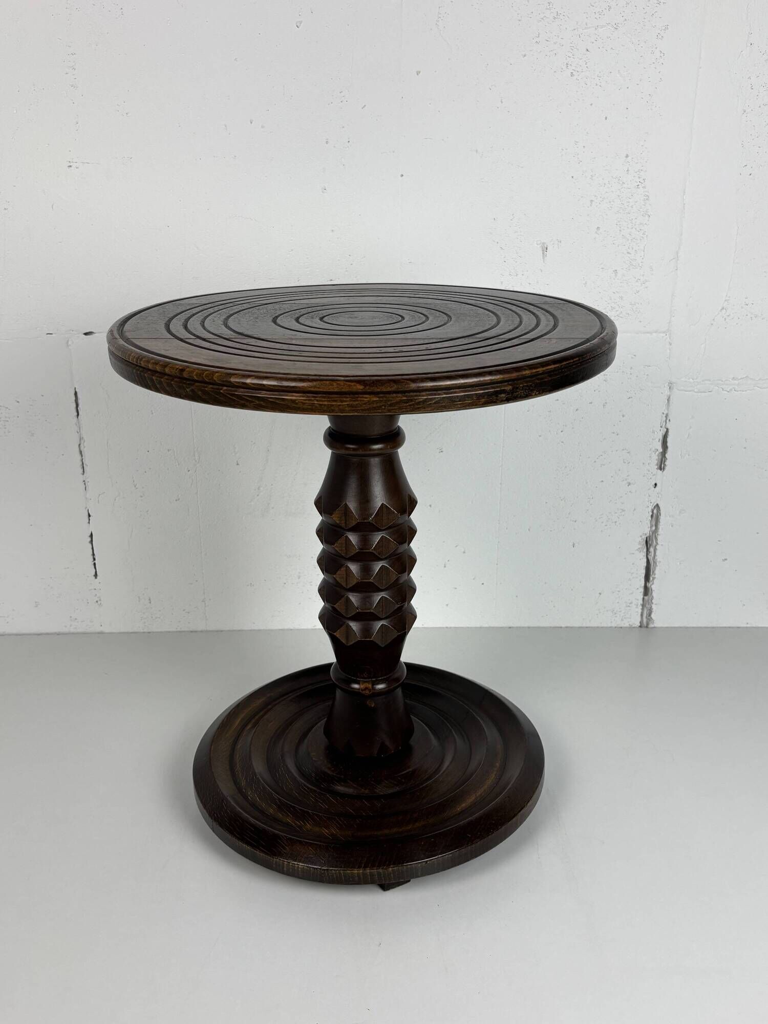 Low wood turned midcentury brutalist side table, style of Charles Dudouyt