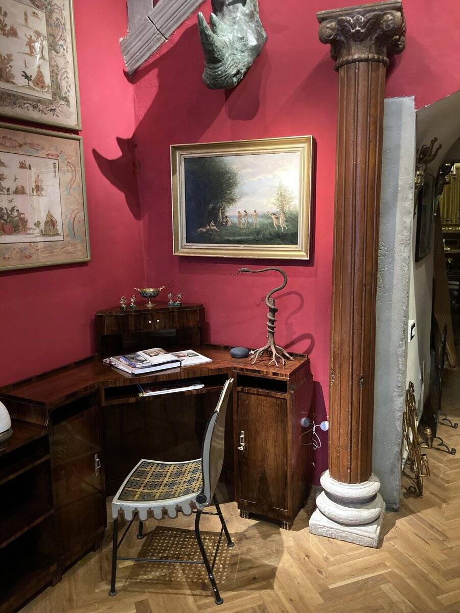 19th Century Italian Architectural Corinthian Wood Columns on Sandstone Plinths, Set of 2