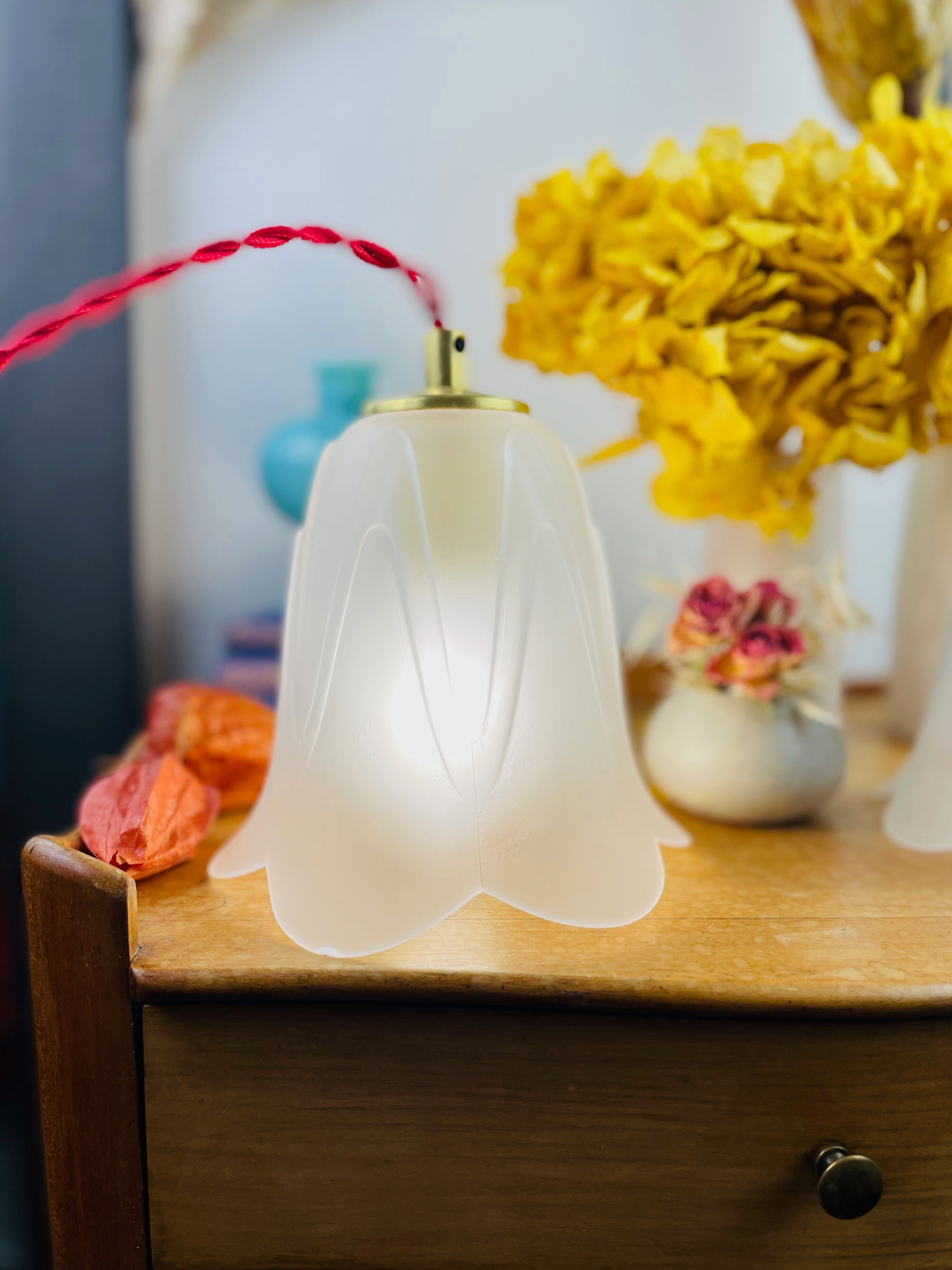 Walking lamp or suspension opaque globe shape of Art Deco flower