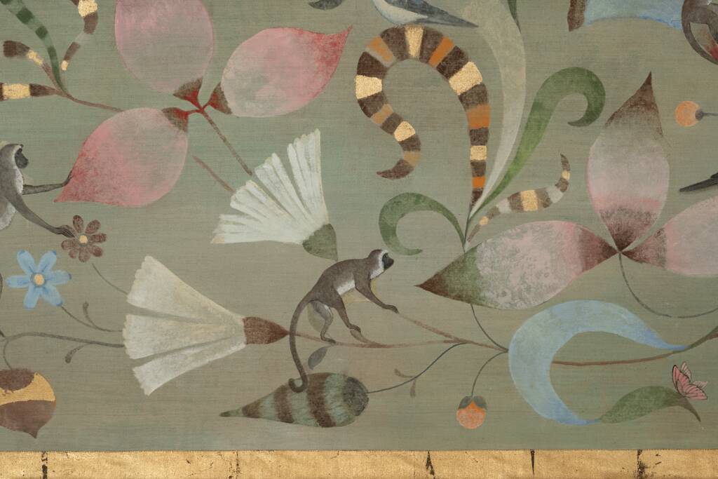 Canvas painted with a decor of lemurs, birds, and flowers. Contemporary.