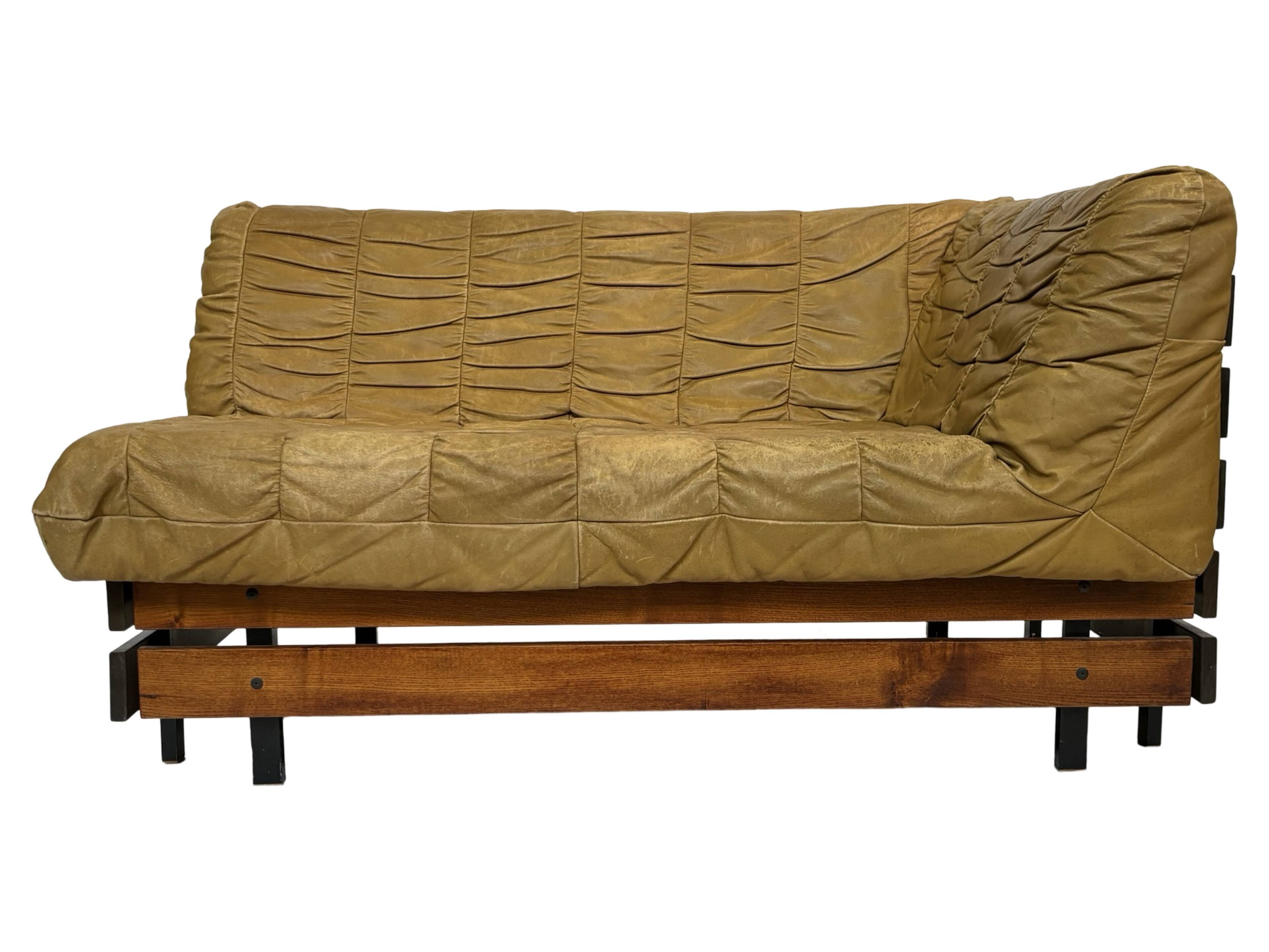 Vintage cognac brown sofa, small slatted model, 1970s