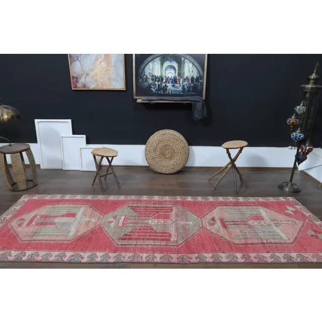 1970s Vintage Turkish Oushak Handmade Wool Cotton Pink Runner Rug 96x303
