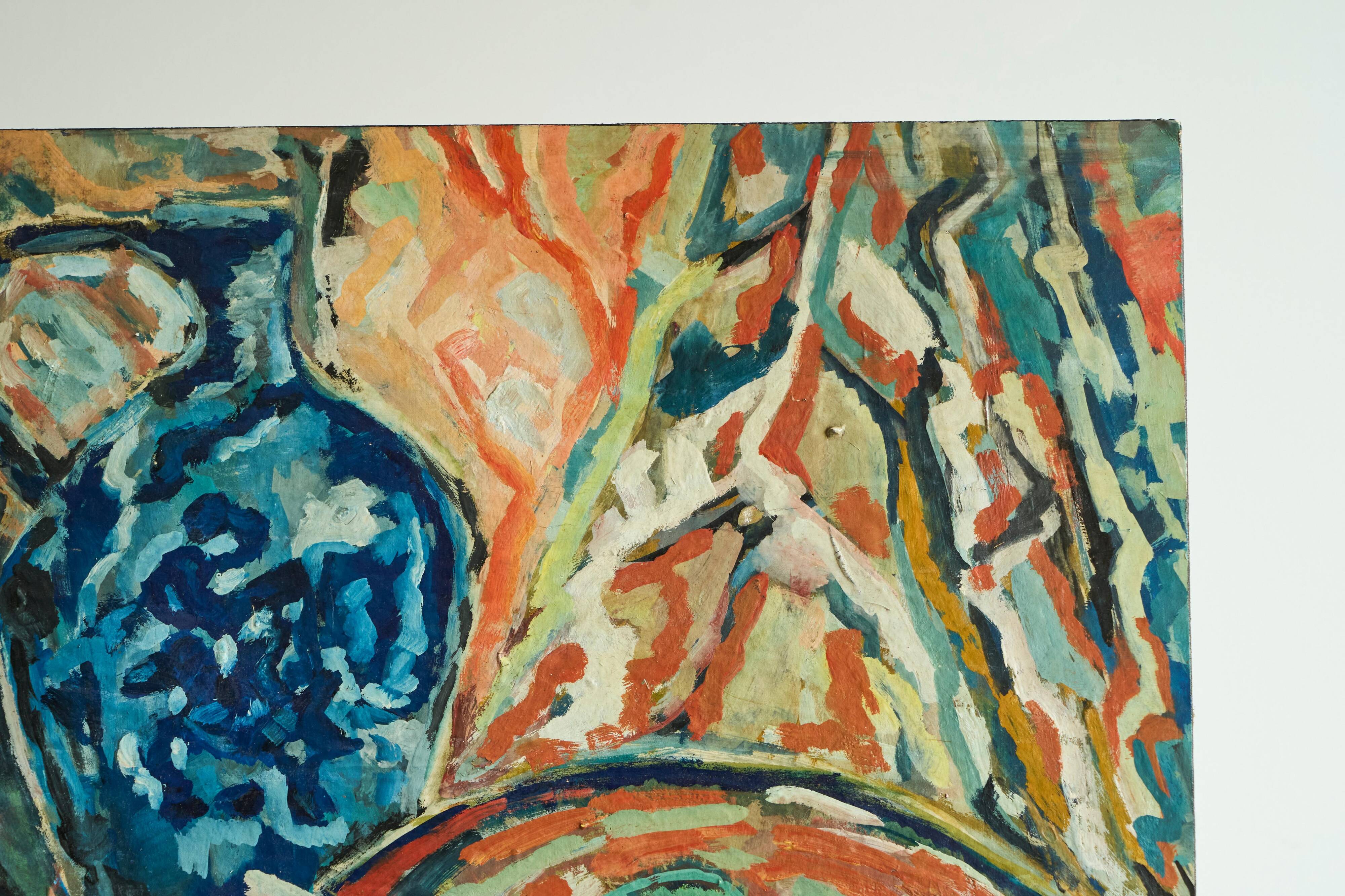 Scène de table moderniste, huile sur carton, années 1960