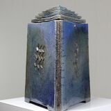 Large triangular raku box, handcrafted, signed, vintage 90s