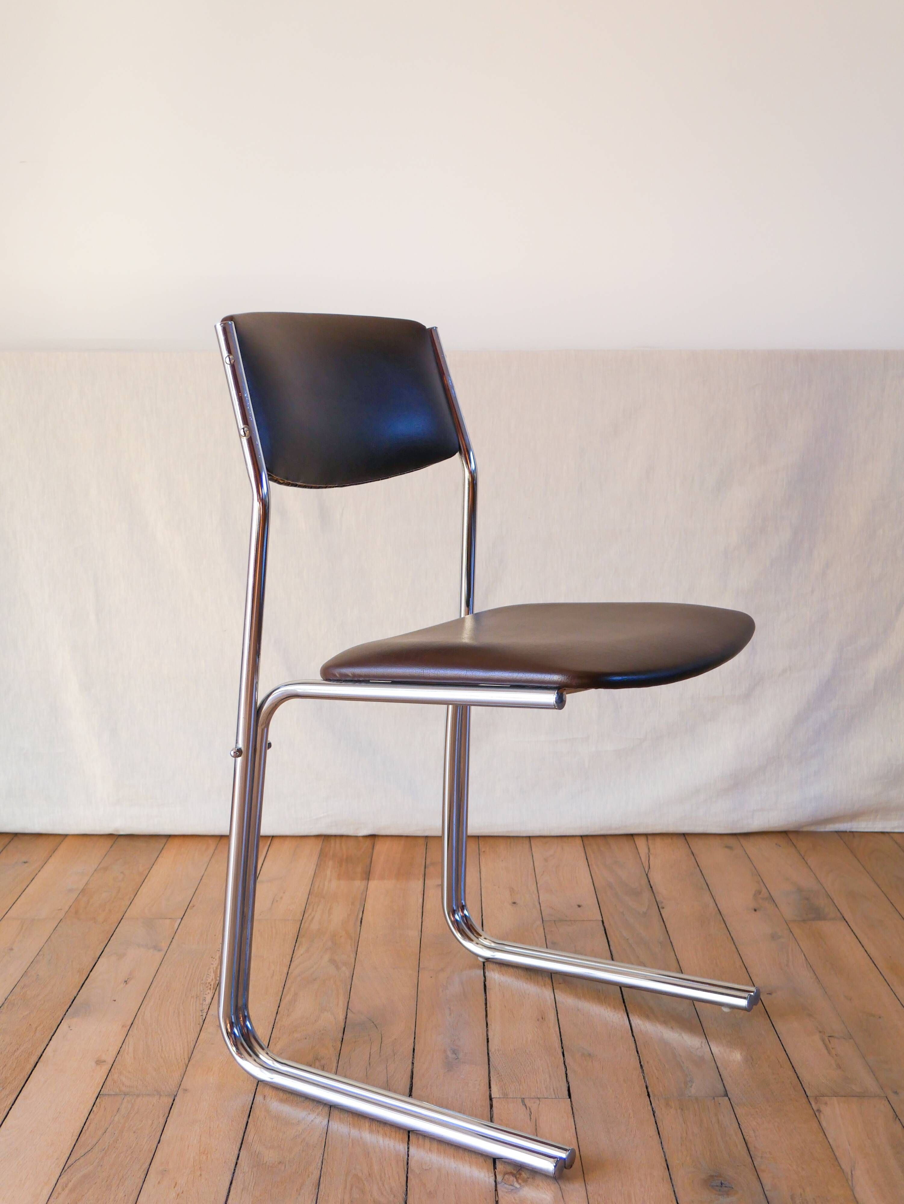 Office chair in brown skai and chrome tubular legs design 1970