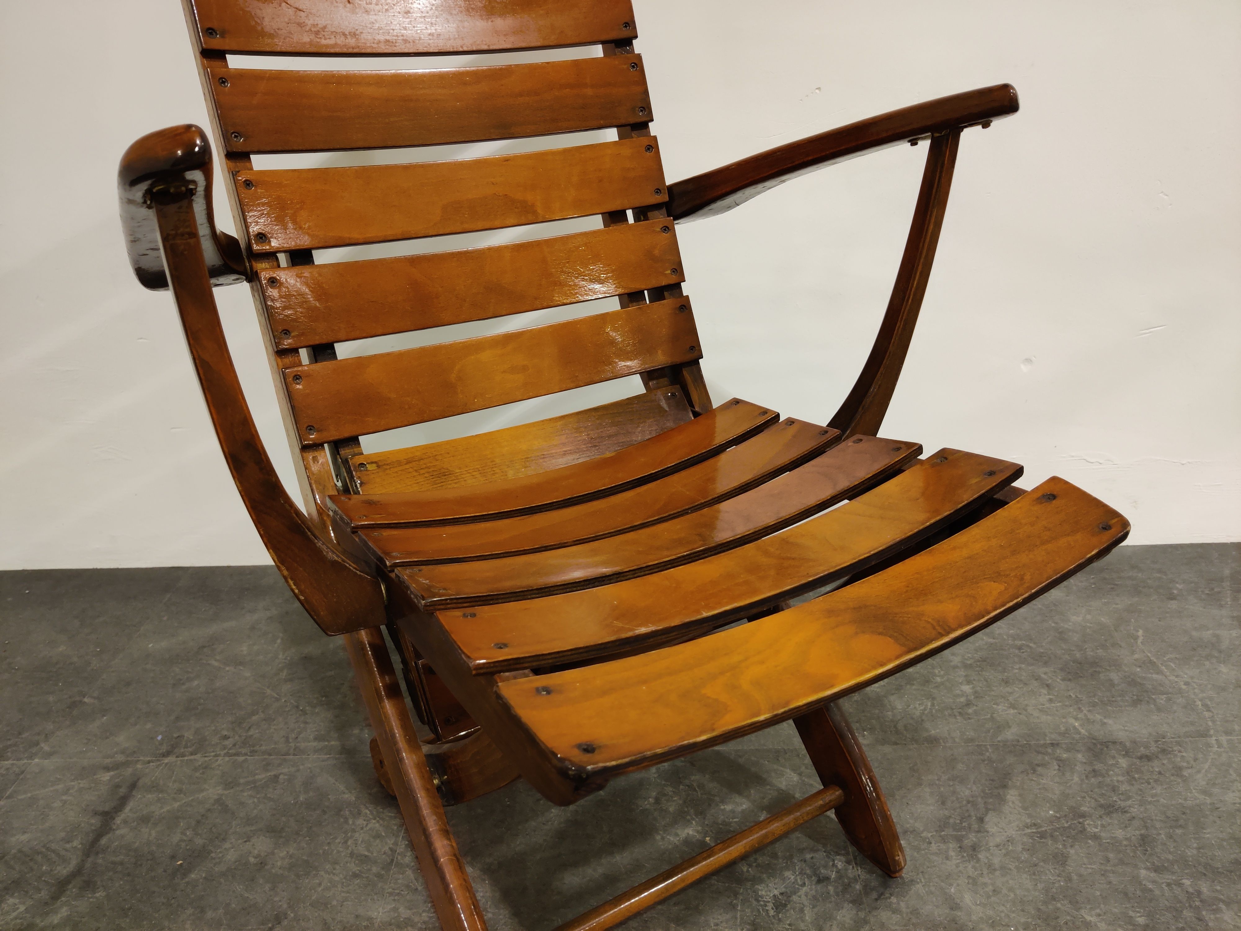 Pair of wooden folding garden chairs with table, 1950s