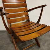 Pair of wooden folding garden chairs with table, 1950s