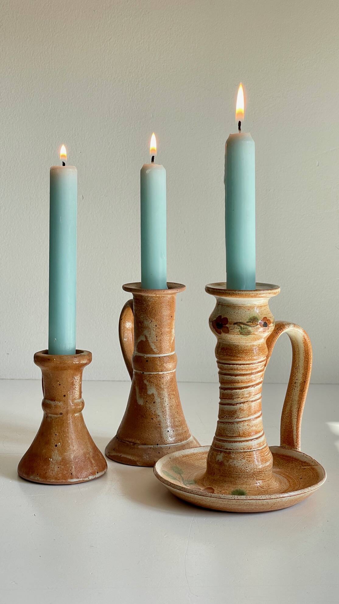 3 vintage handcrafted pottery candle holders