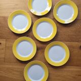 7 yellow and white dessert plates