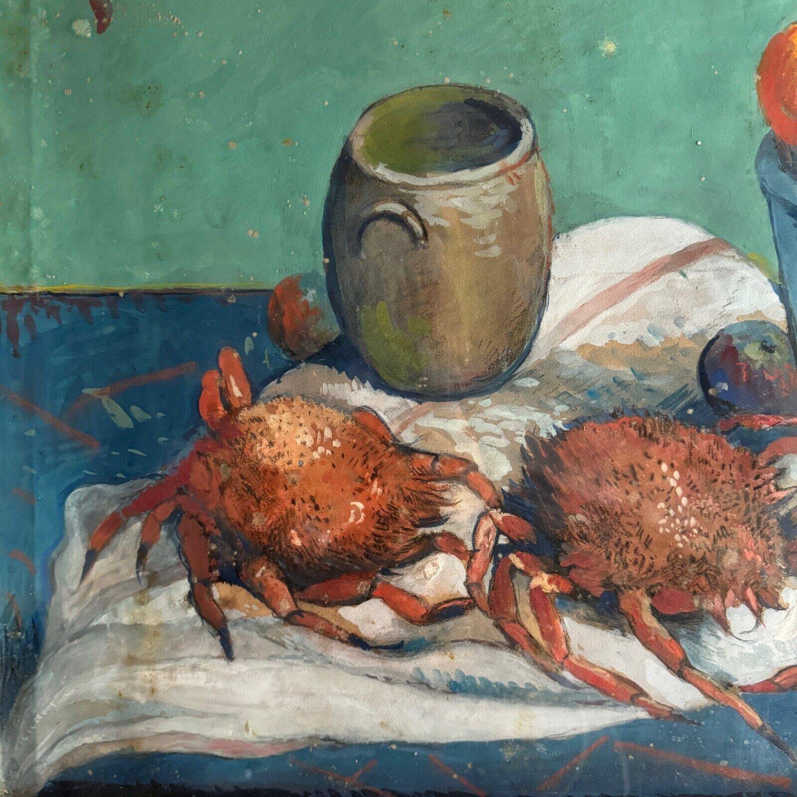 Watercolor on paper by E. Legros 1956 still life with crabs