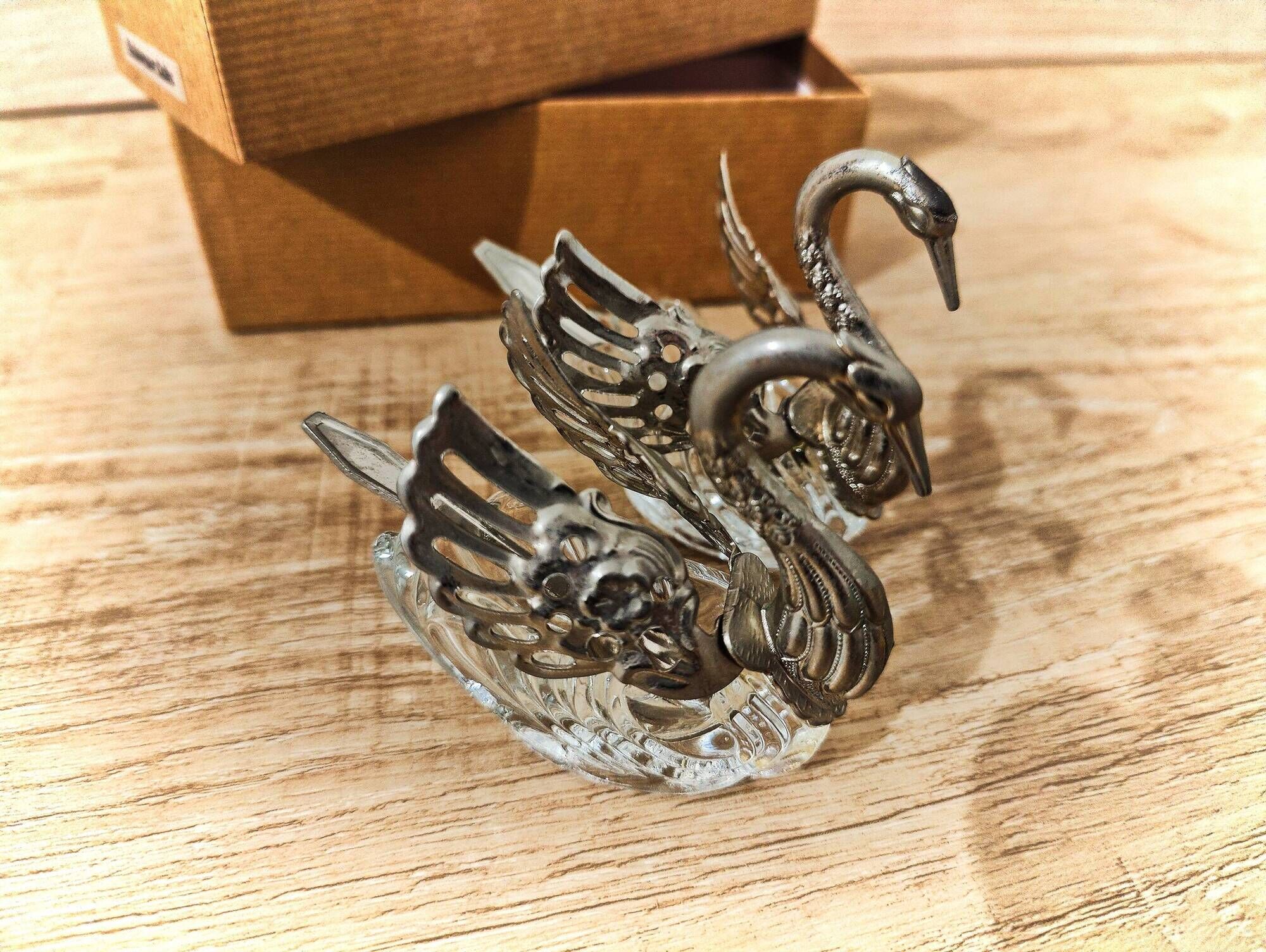 Pair of antique salt cellars swans silver-plated metal