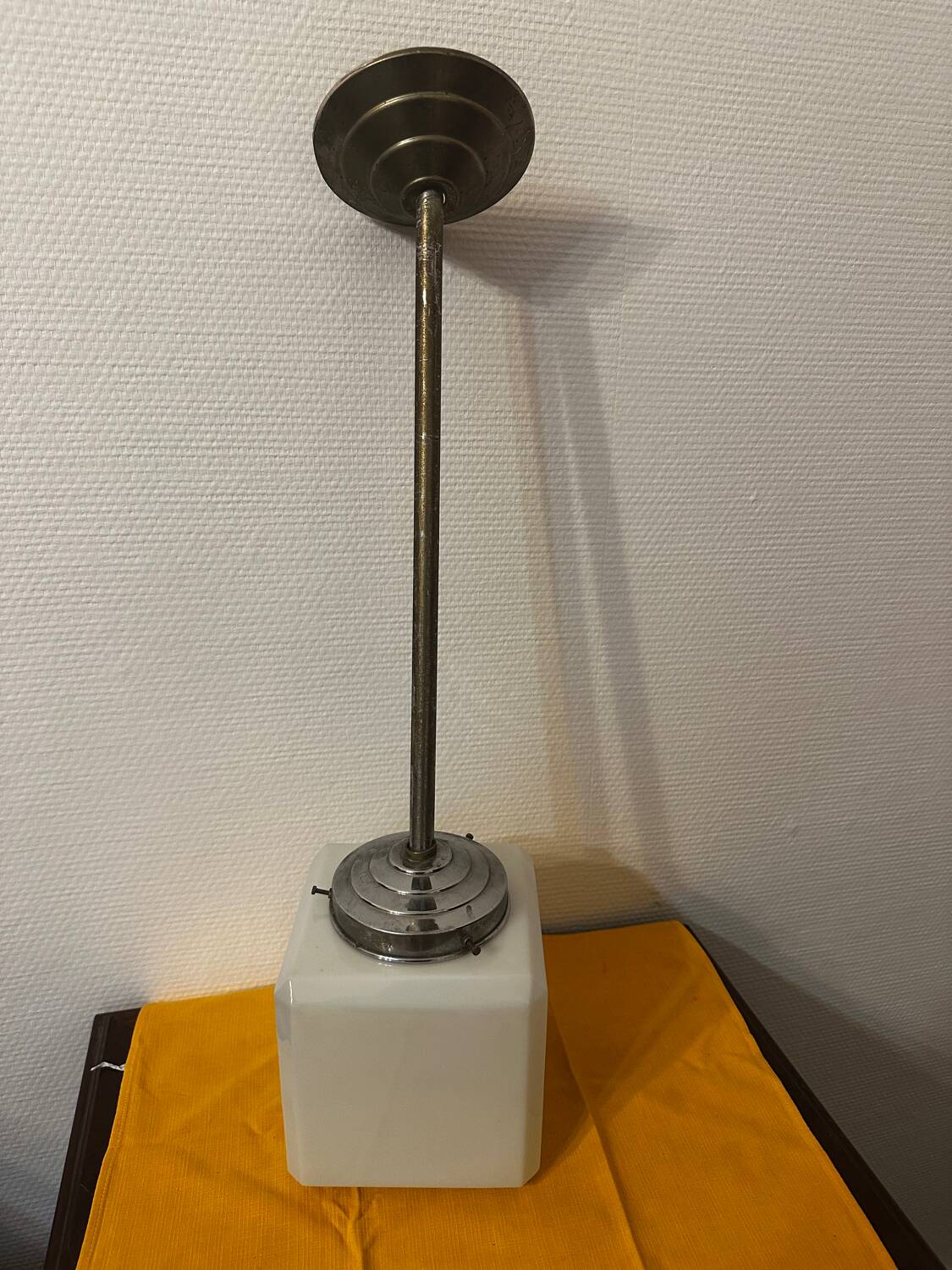 Opaline cubic pendant lamp in Art Deco style attributed to Walter Georg Kostk.