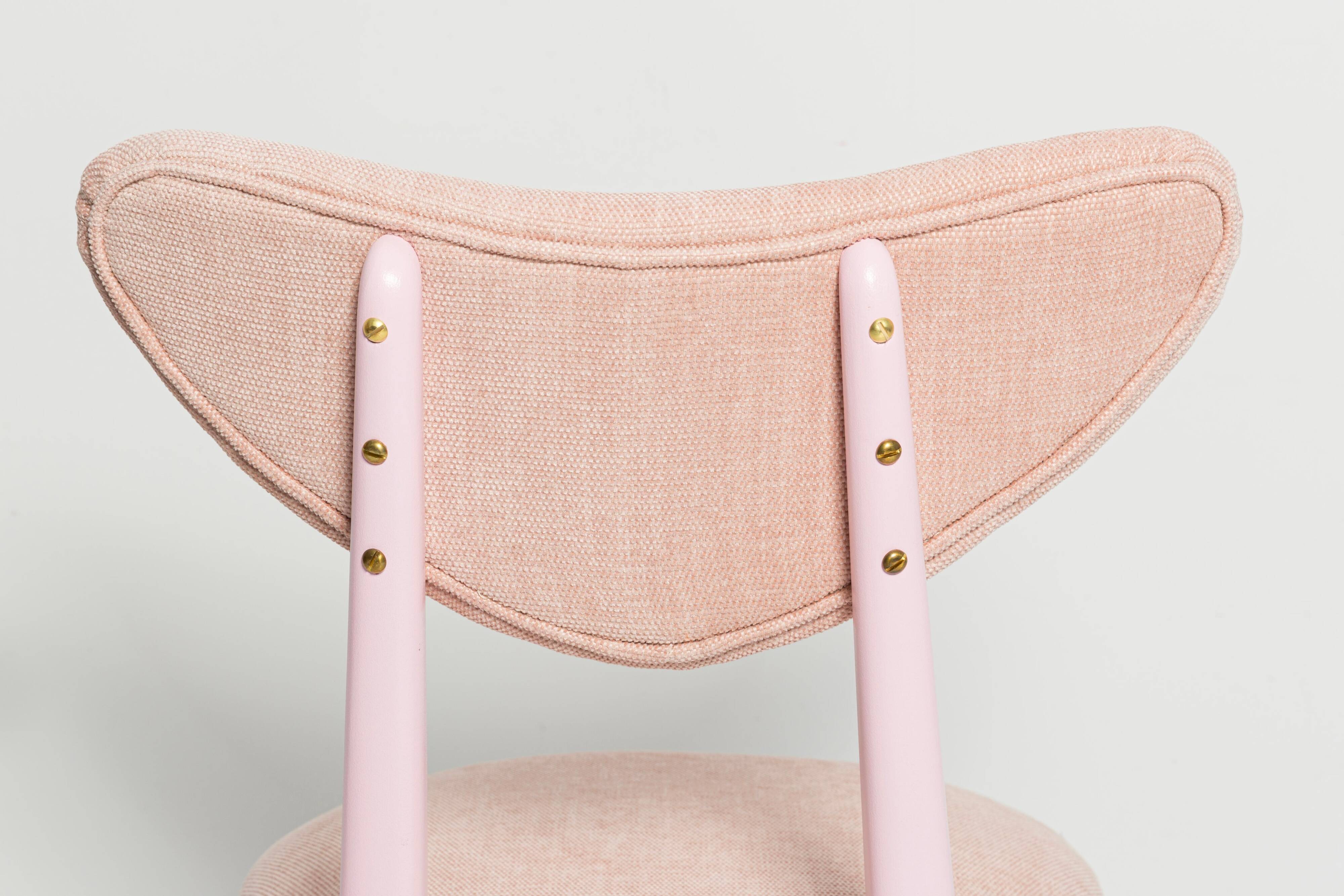 Mid-century heart-shaped chair, light pink chenille fabric, painted pink wood, Europe, 1960s.