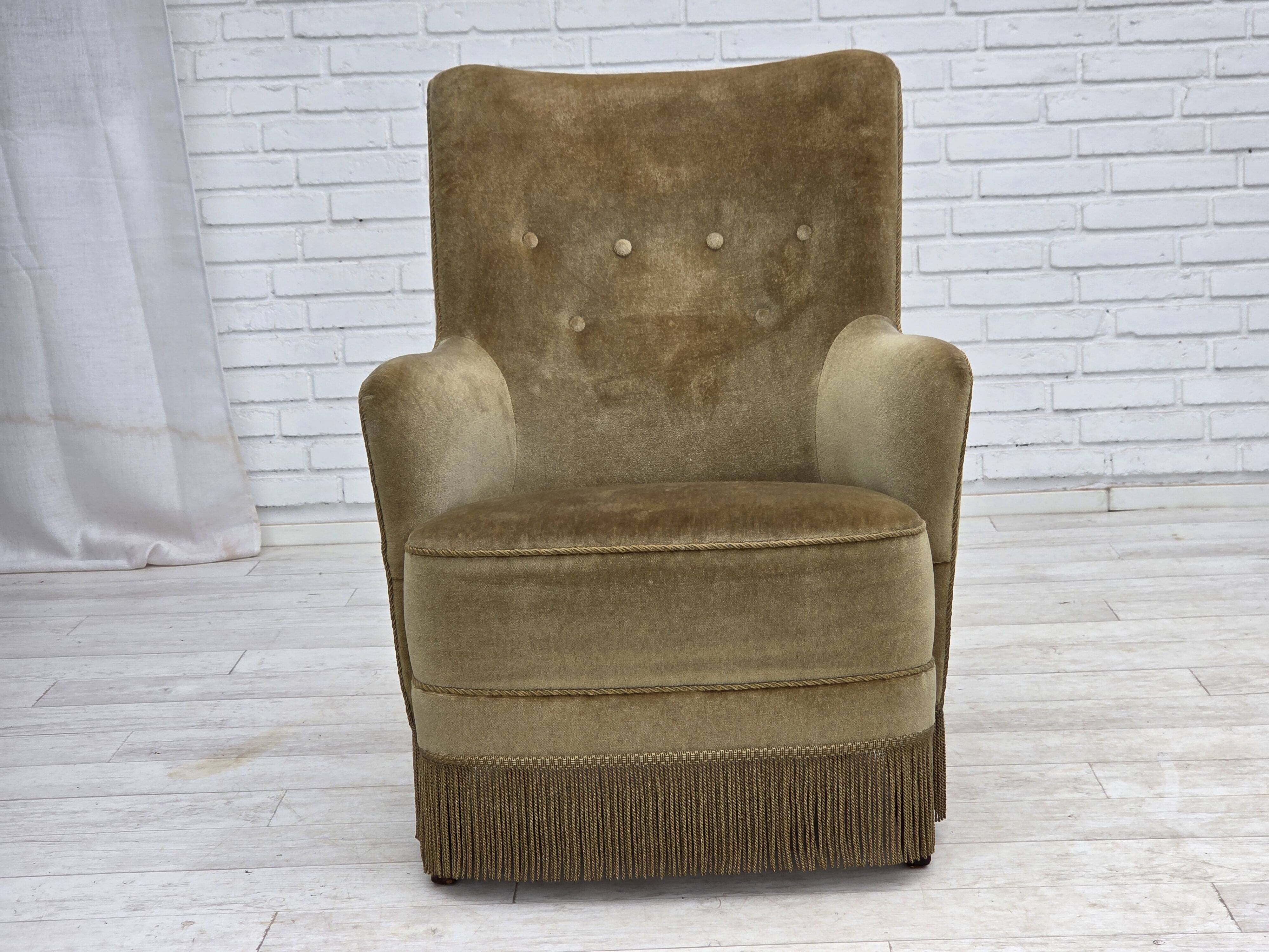 1970s, Danish highback armchair, light green furniture velour.