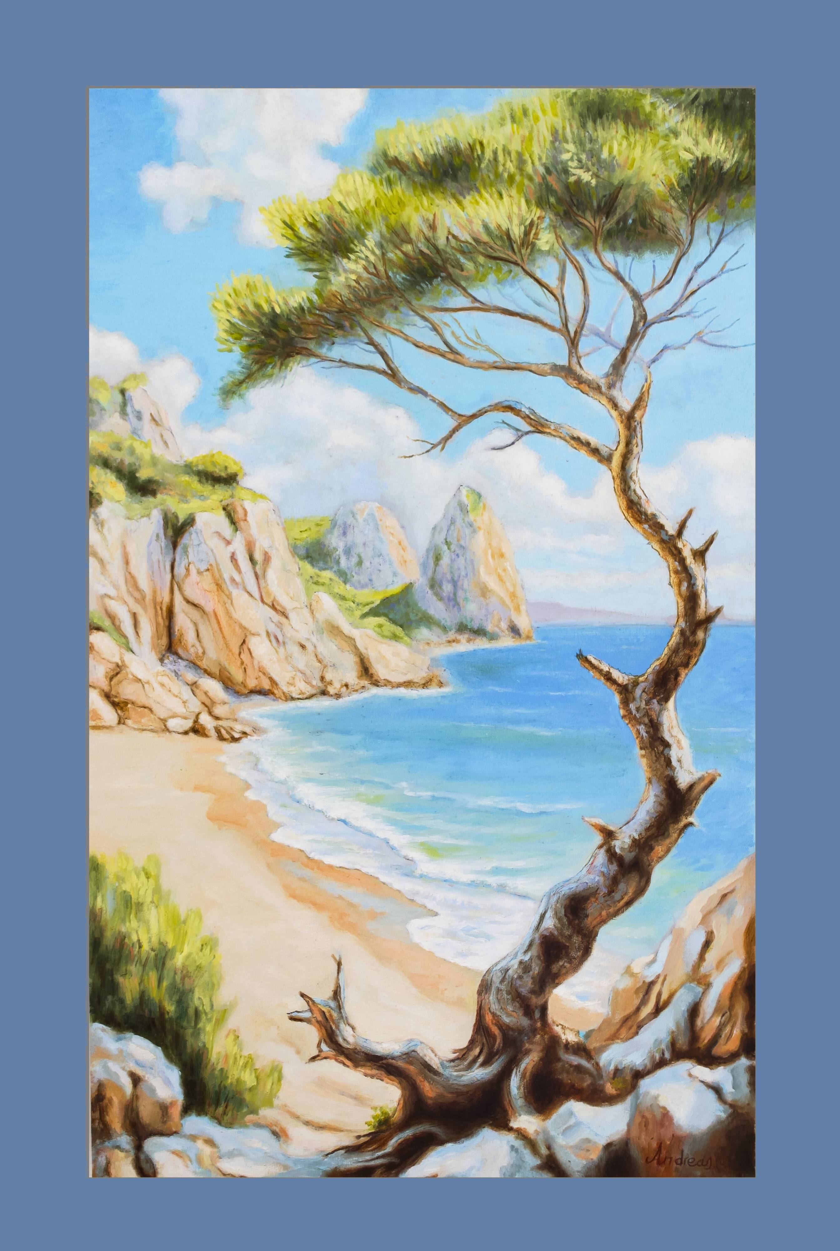 Oil painting of a beach signed. Sea in oil signed. Painting of a beach.