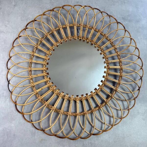 Miroir soleil rond en rotin, Ibiza Espagne années 50