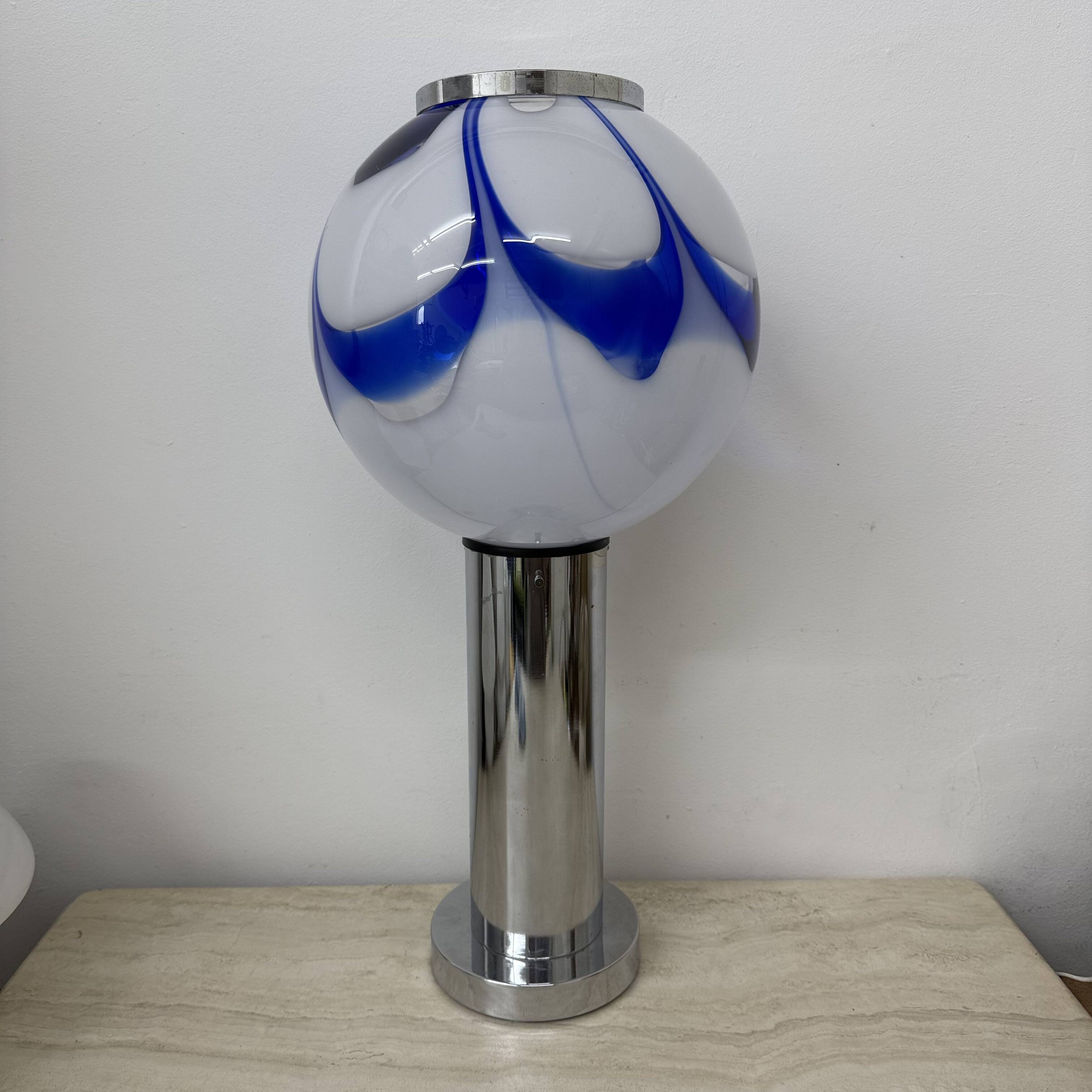 Mid – century Large glass table lamp with blue swirl , 1970s Italy