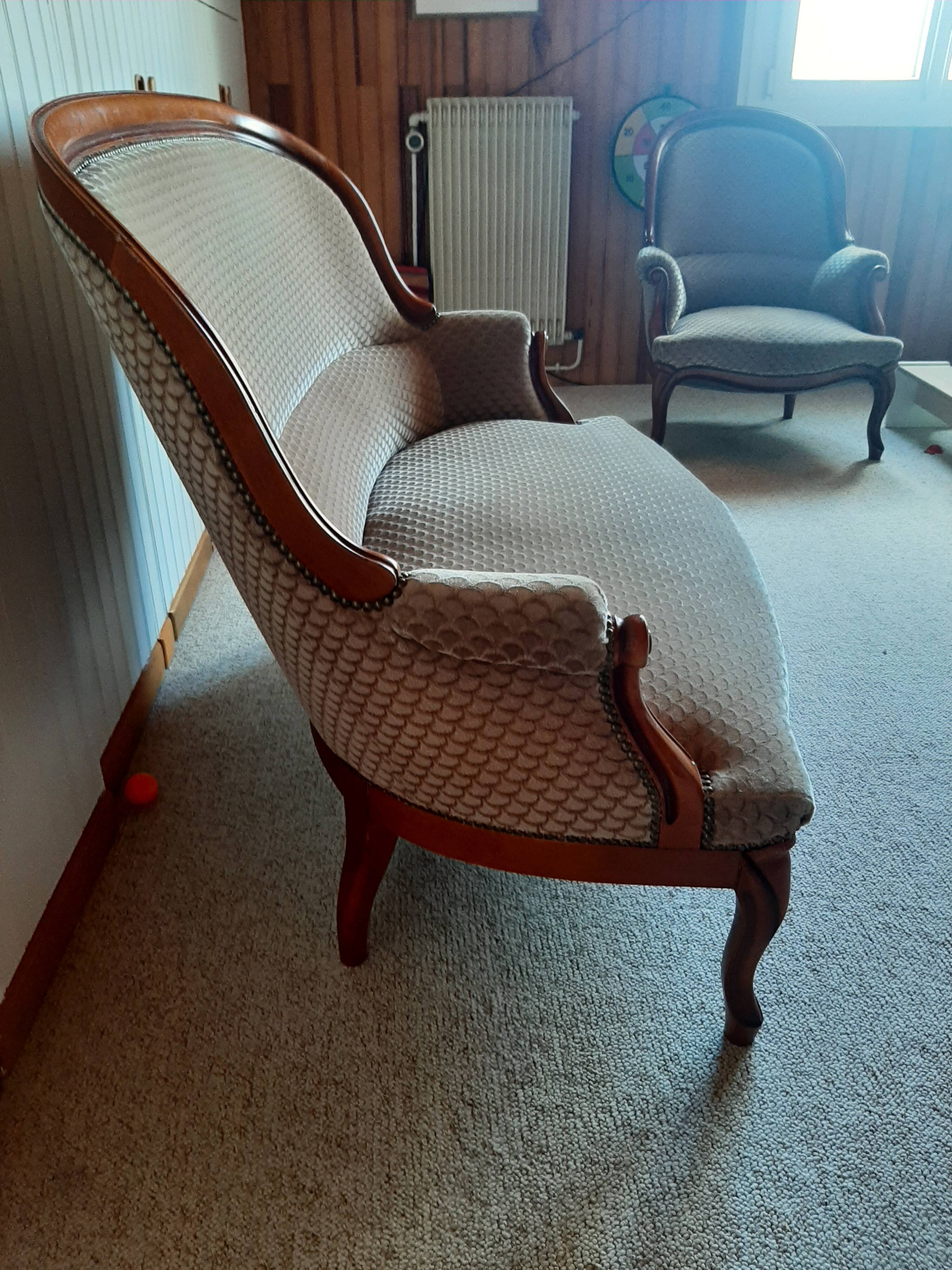 2-seater Louis XV style sofa - arched legs - Art Deco patterned velvet fabric - Beige