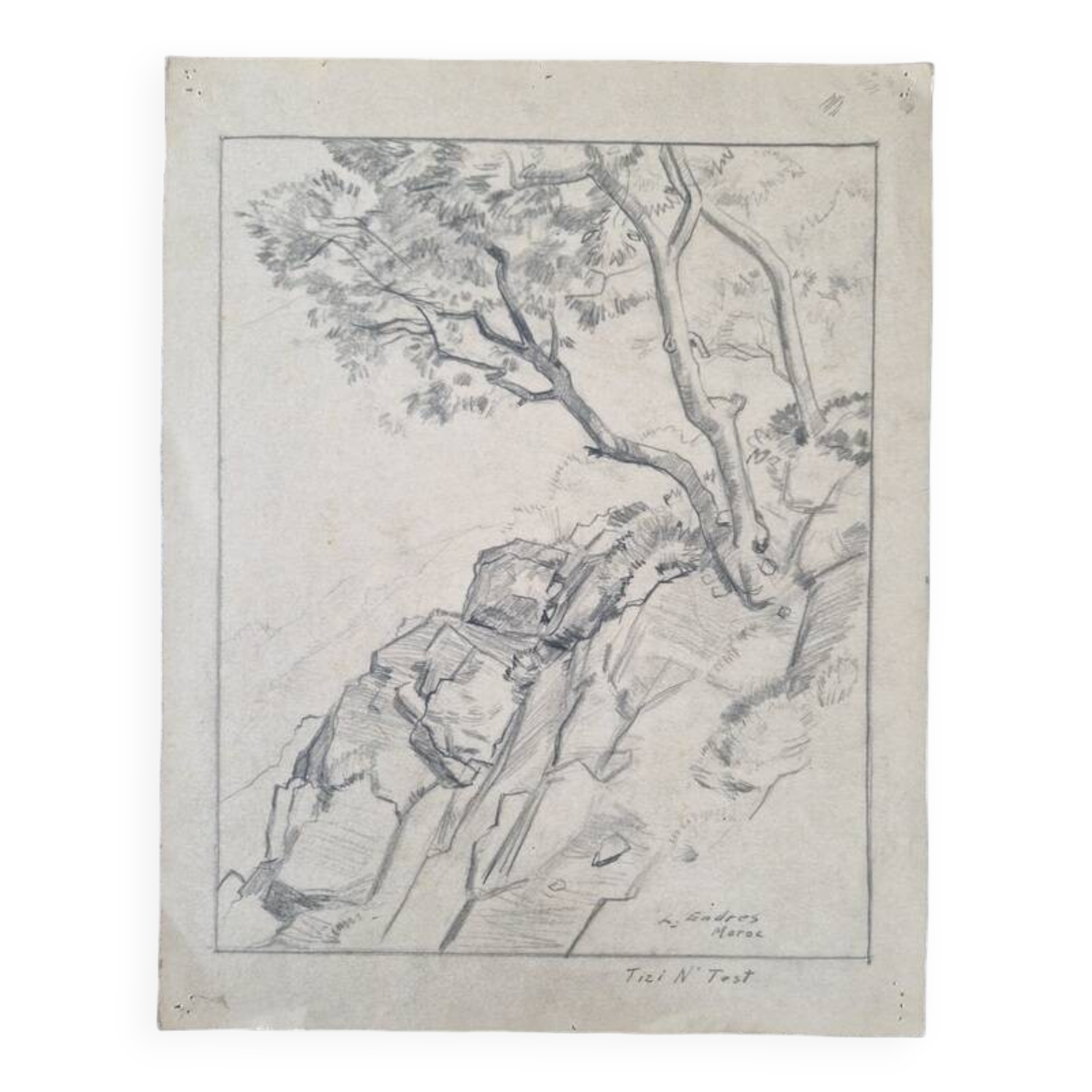 Louis John Endres (1896-1989) - Charcoal drawing on paper - Landscape Tizi N'Test, Grand Atlas Morocco