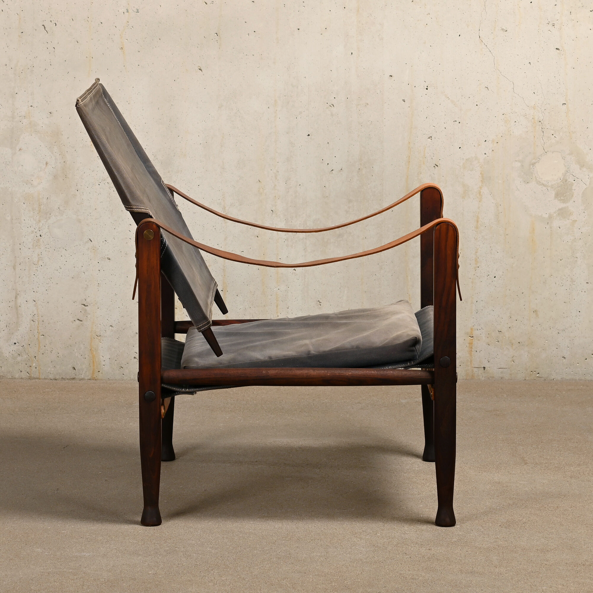 Kaare Klint Safari Chair in Grey Canvas and Dark Stained Ash for Rud Rasmussen