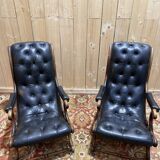 Pair of English Chesterfield armchairs in black leather