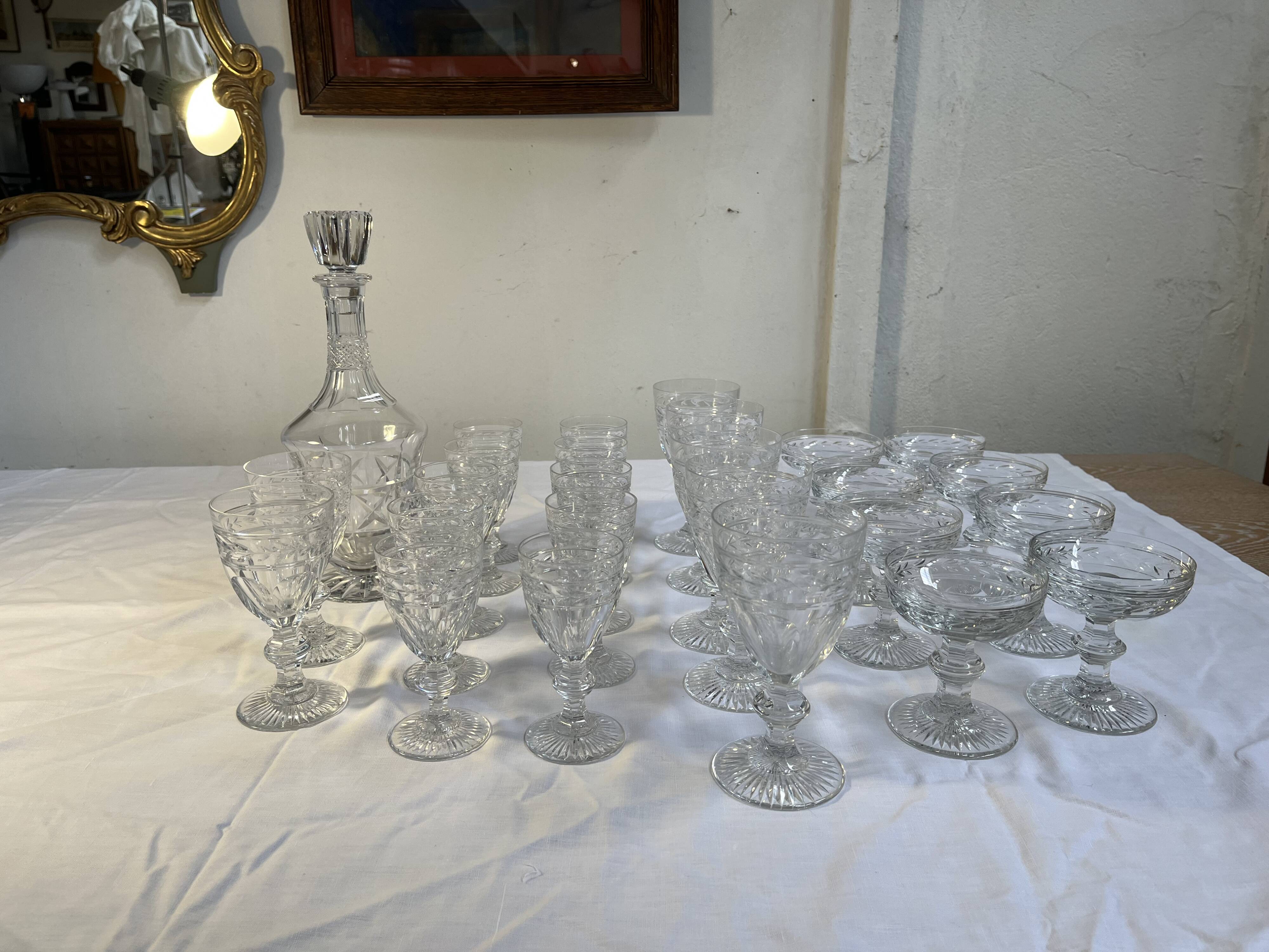 suite of 26 glasses + baccarat crystal carafe