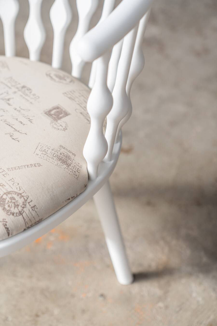 Matte white painted beech chair with upholstered seat in fabric 1970