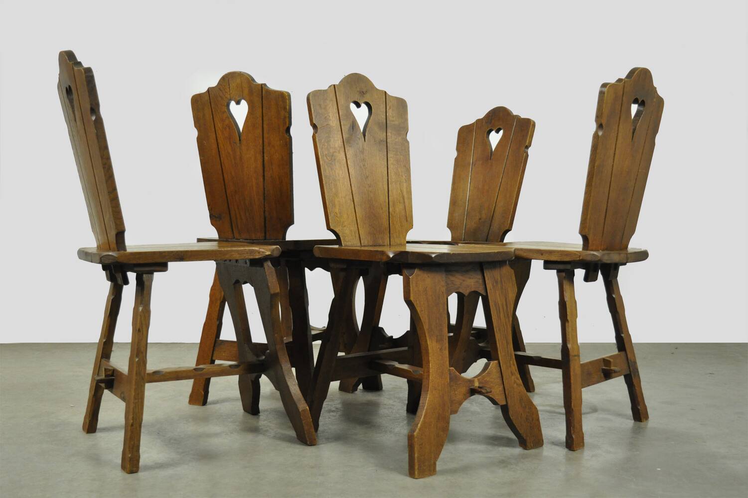 Vintage brutalist oak handmade farmhouse dining chairs, 1930s