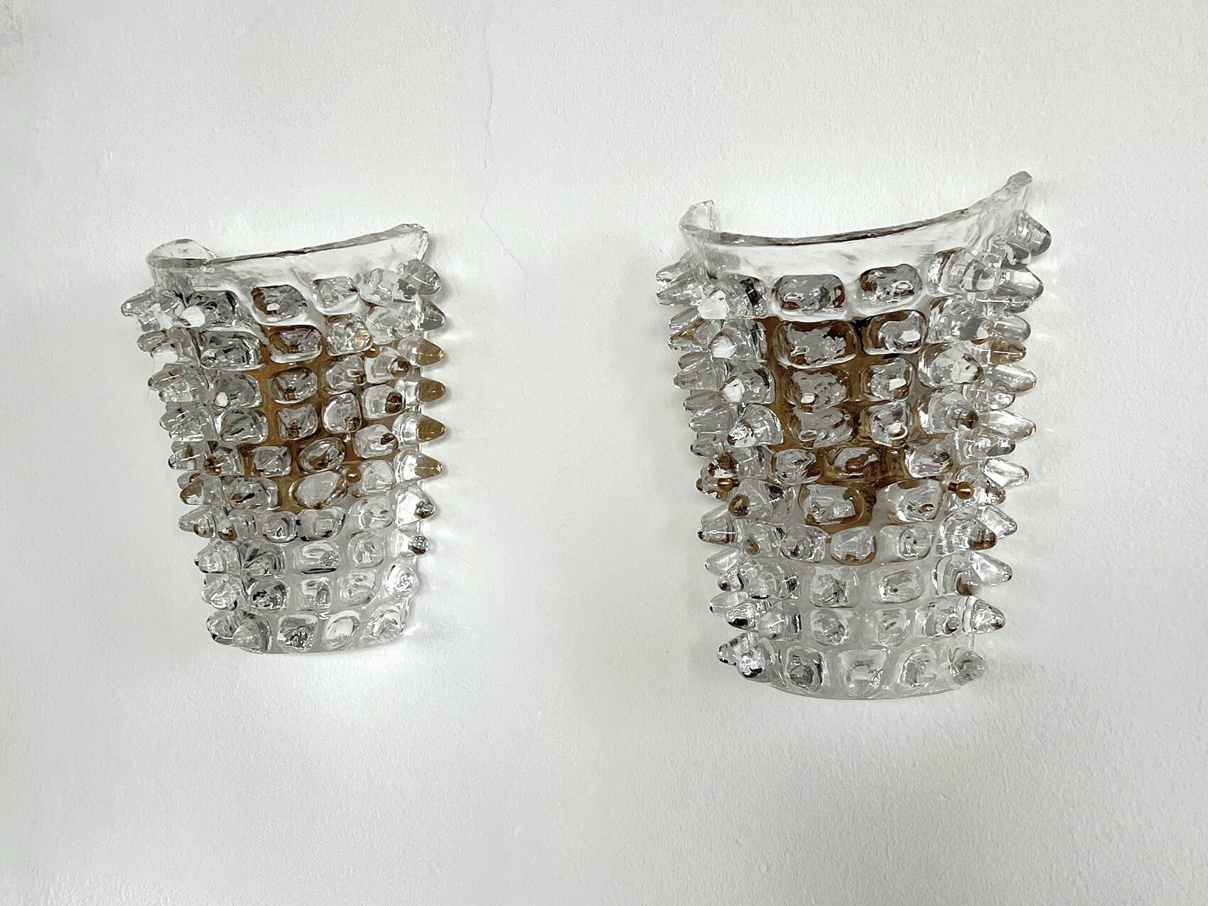 Murano Glass and Brass Wall Lights or Sconces in Barovier Style