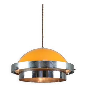 Lampe à Suspension Space Age en Métal Orange et Chrome, Italie, 1970s