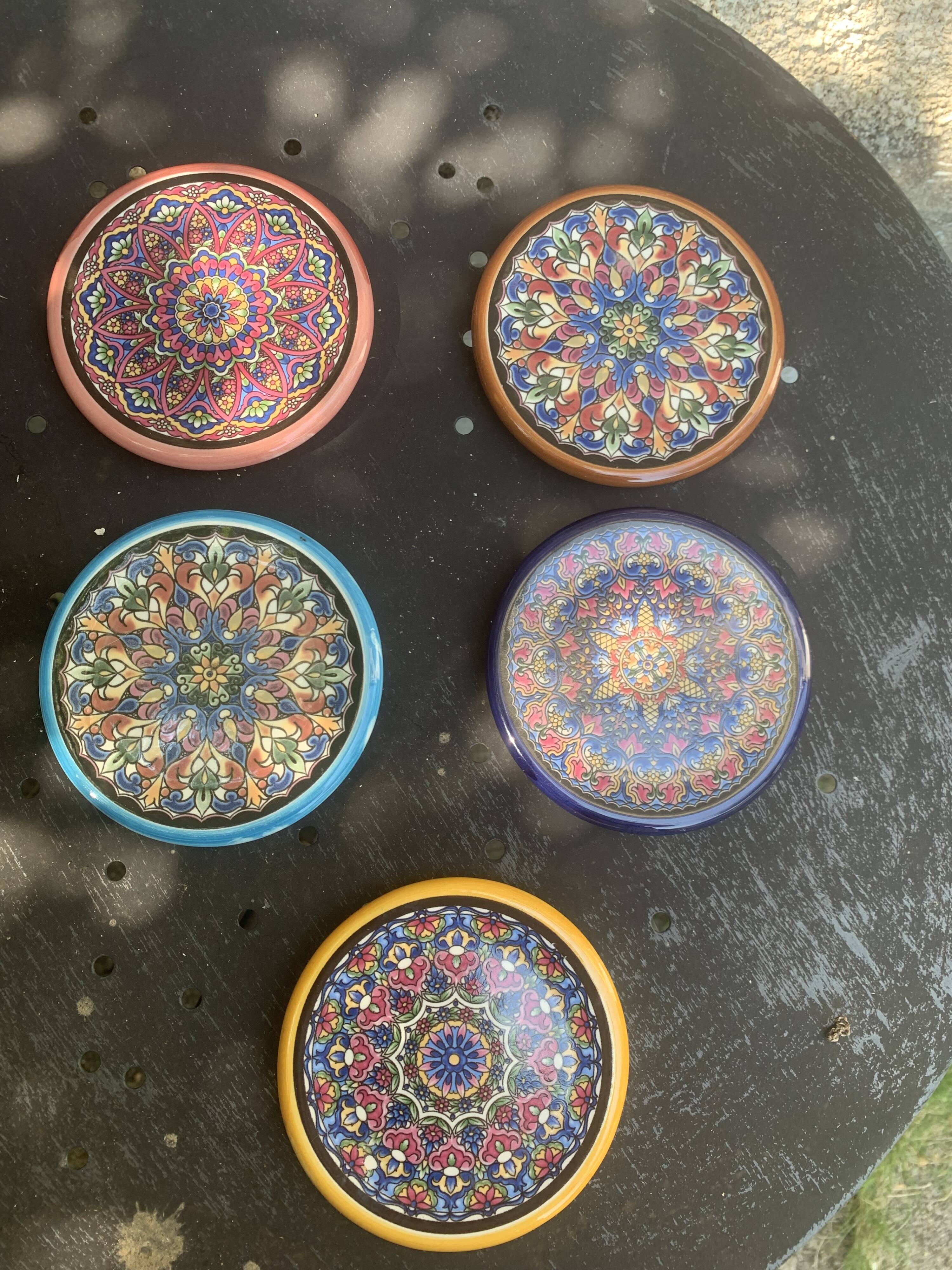 5 vintage handcrafted enameled ceramic coasters