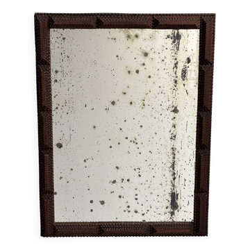 Antique tramp art folk art distressed mirror, Belgium ca 1900s