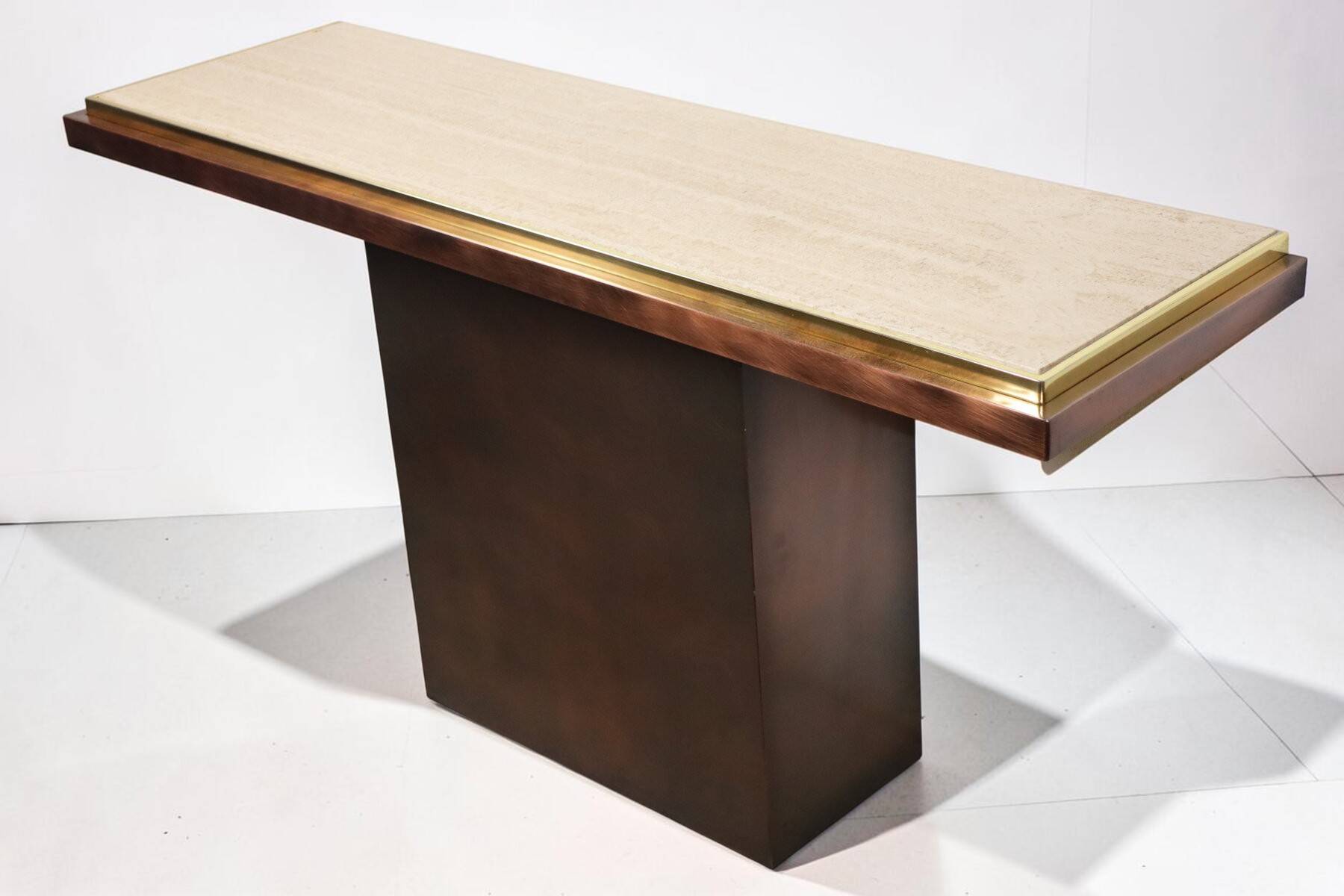 Minimalist console in travertine and patinated metal — 1970s
