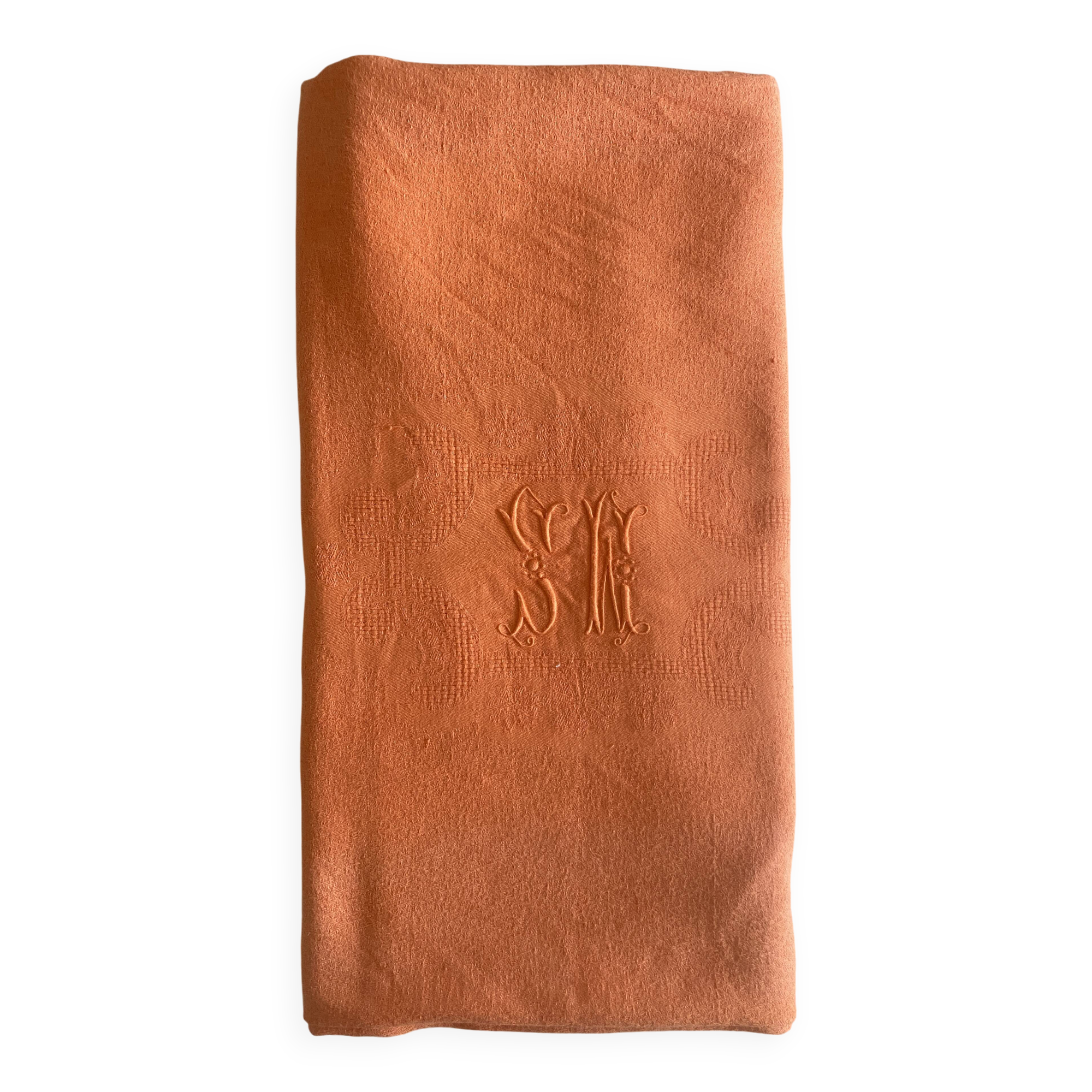 Antique dyed damask tablecloth, monogrammed SW or MS - cotton - 225x145 cm