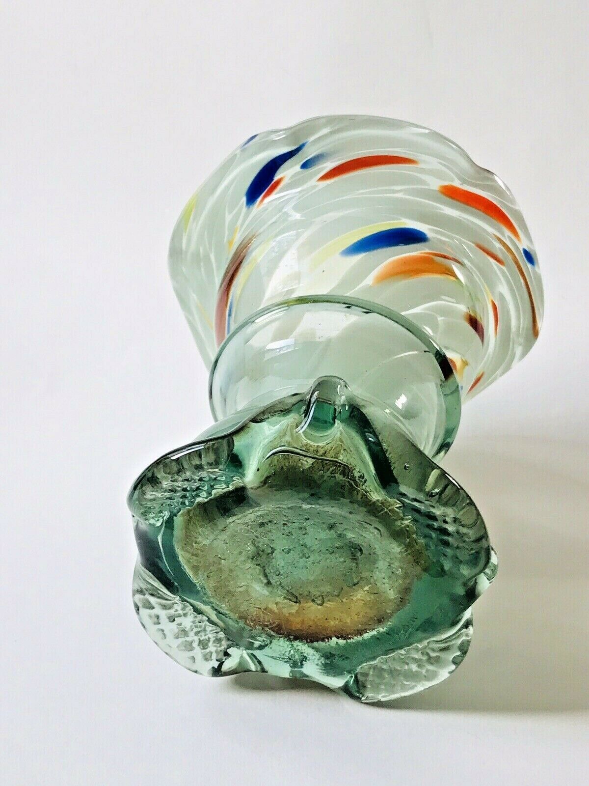 Murano glass vase with corolla neck in multi-colored glass and worked foot