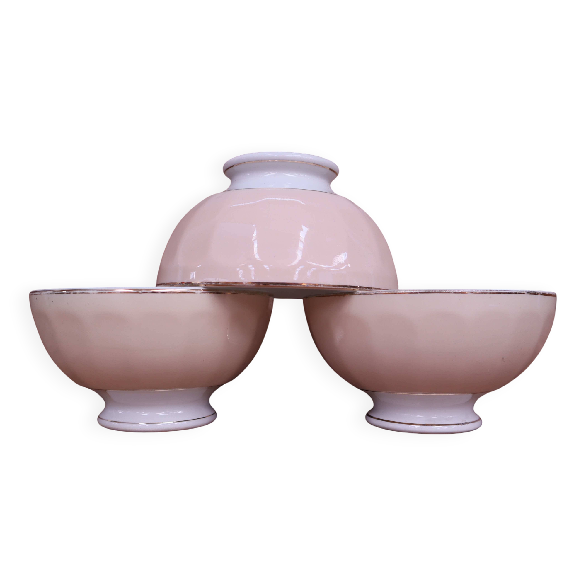 3 antique pale pink earthenware bowls from Moulin Des Loups
