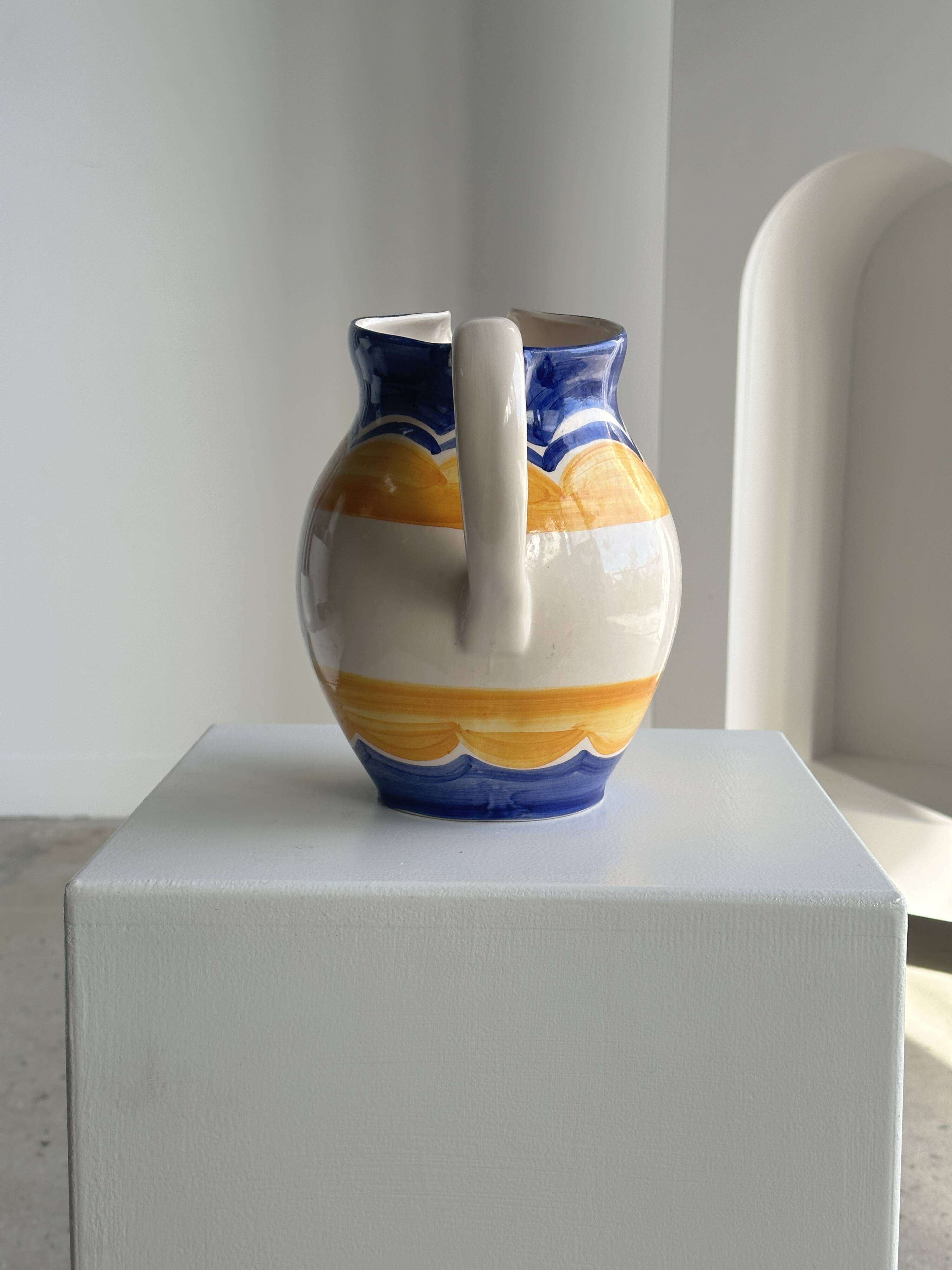 Large blue and yellow hand painted carafe H:20cm