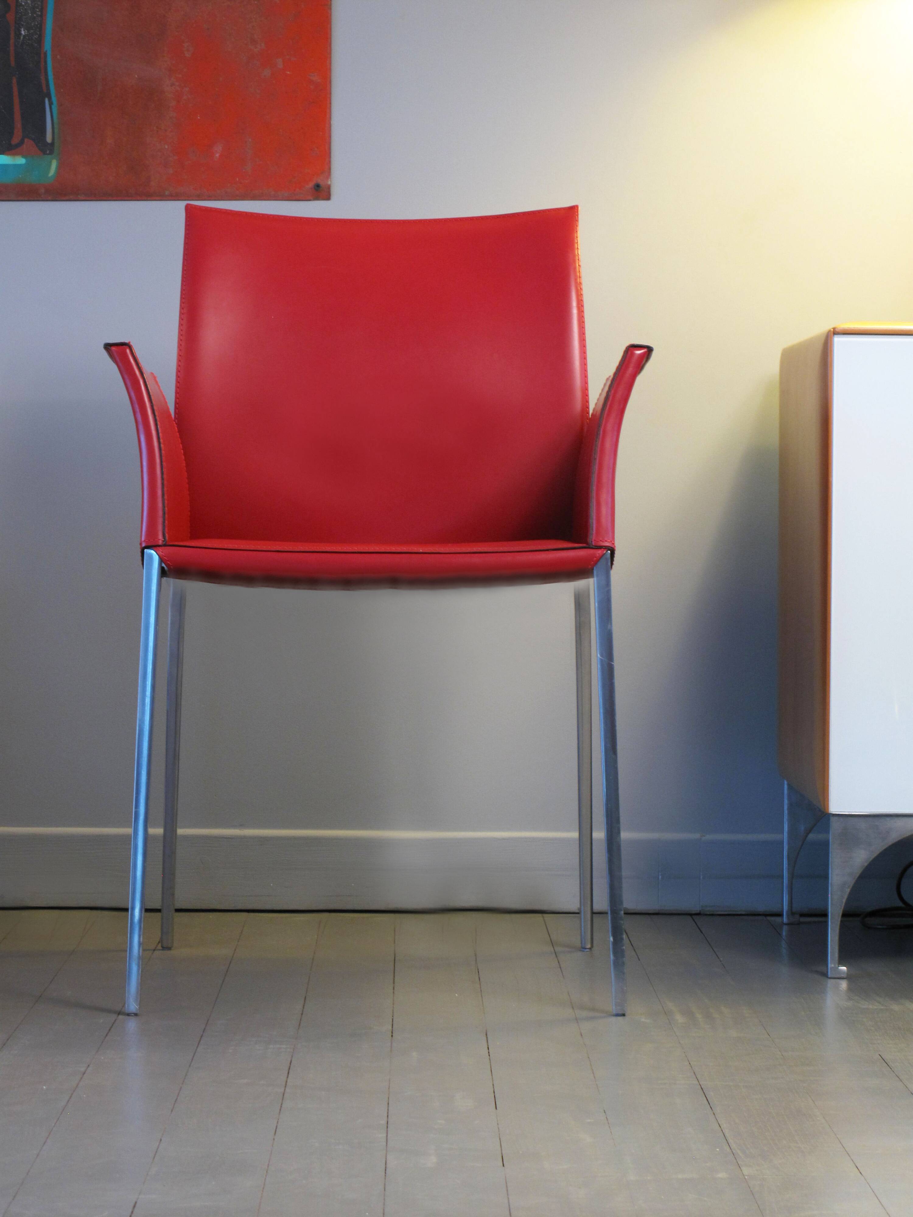 Set of 4 Zanotta armchairs in red leather